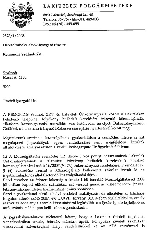 A Remondis Zrt. és a hivatal közötti levelezések, reklamációk
