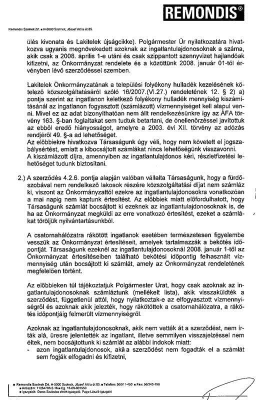 A Remondis Zrt. és a hivatal közötti levelezés