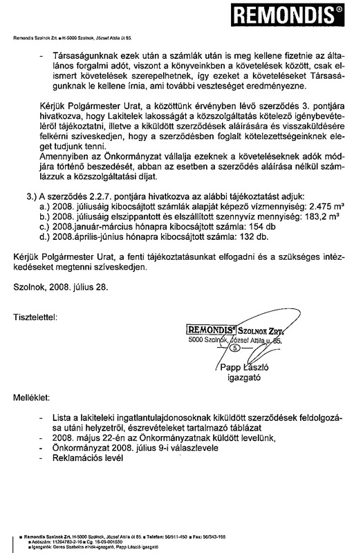 A Remondis Zrt. és a hivatal közötti levelezés