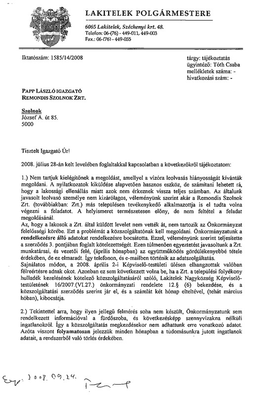 A Remondis Zrt. és a hivatal közötti levelezés