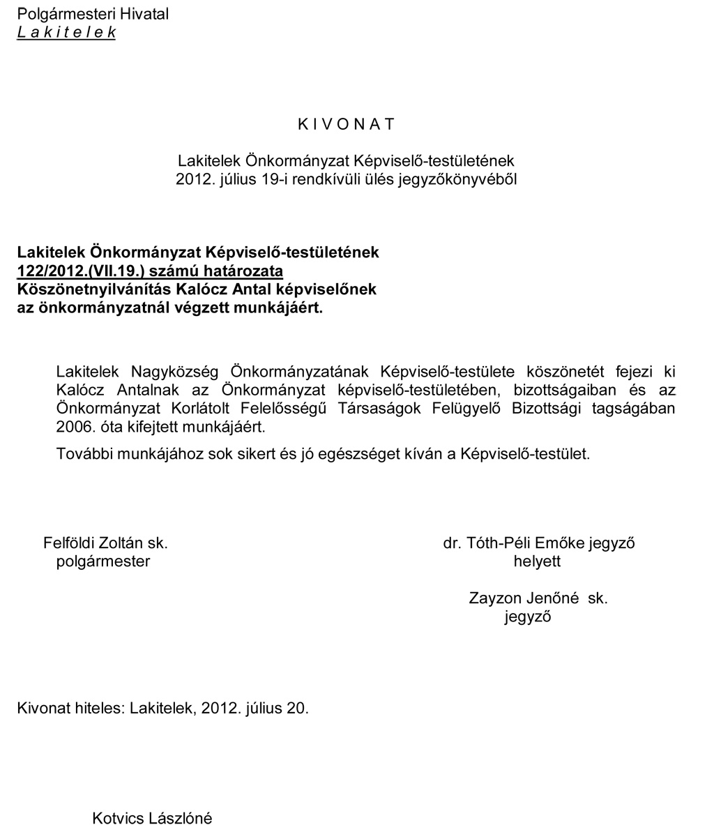 Levél Kalócz Antalnak