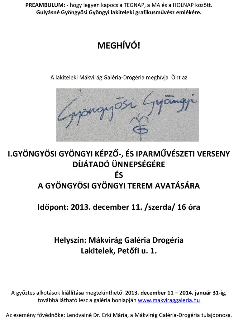 Meghívó az I. Gyöngyösi Gyöngyi Képző-, és Iparművészeti Verseny díjátadójára