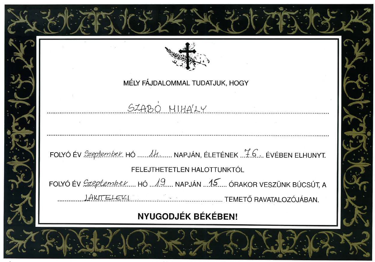 Elhunyt Szabó Mihály