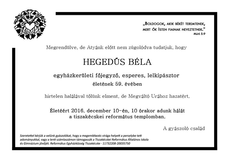 Hegedűs Béla gyászlap