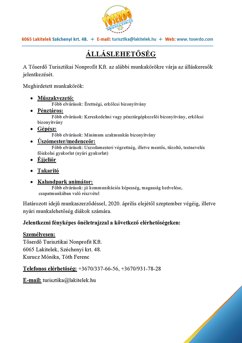 A Tősfűrdő és a Kalandpark állás ajánlatai