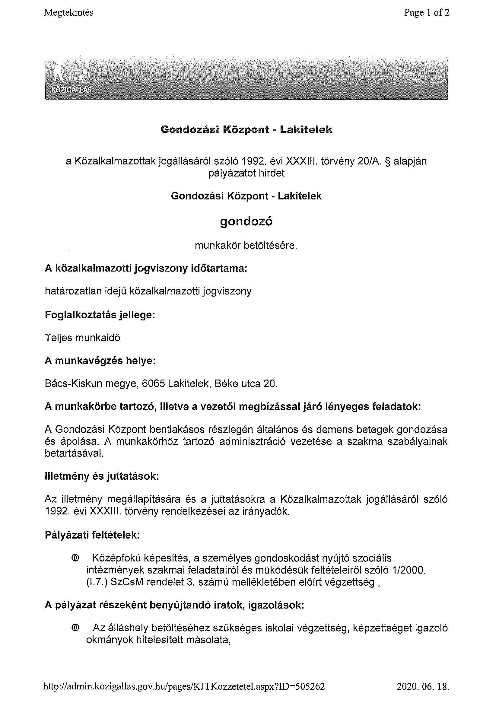 Pályázat gondozói munkakör betöltésére