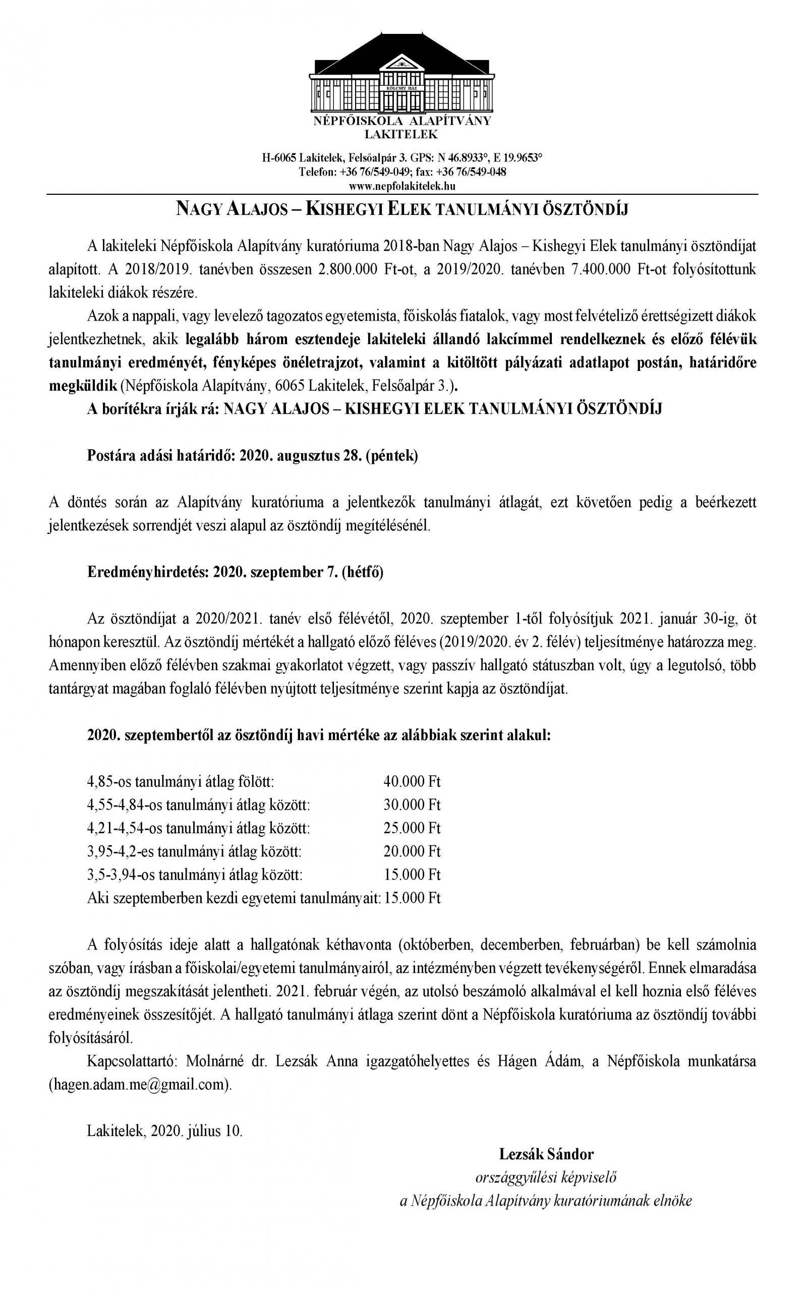 Nagy Alajos - Kishegyi Elek tanulmányi ösztöndíj 2020