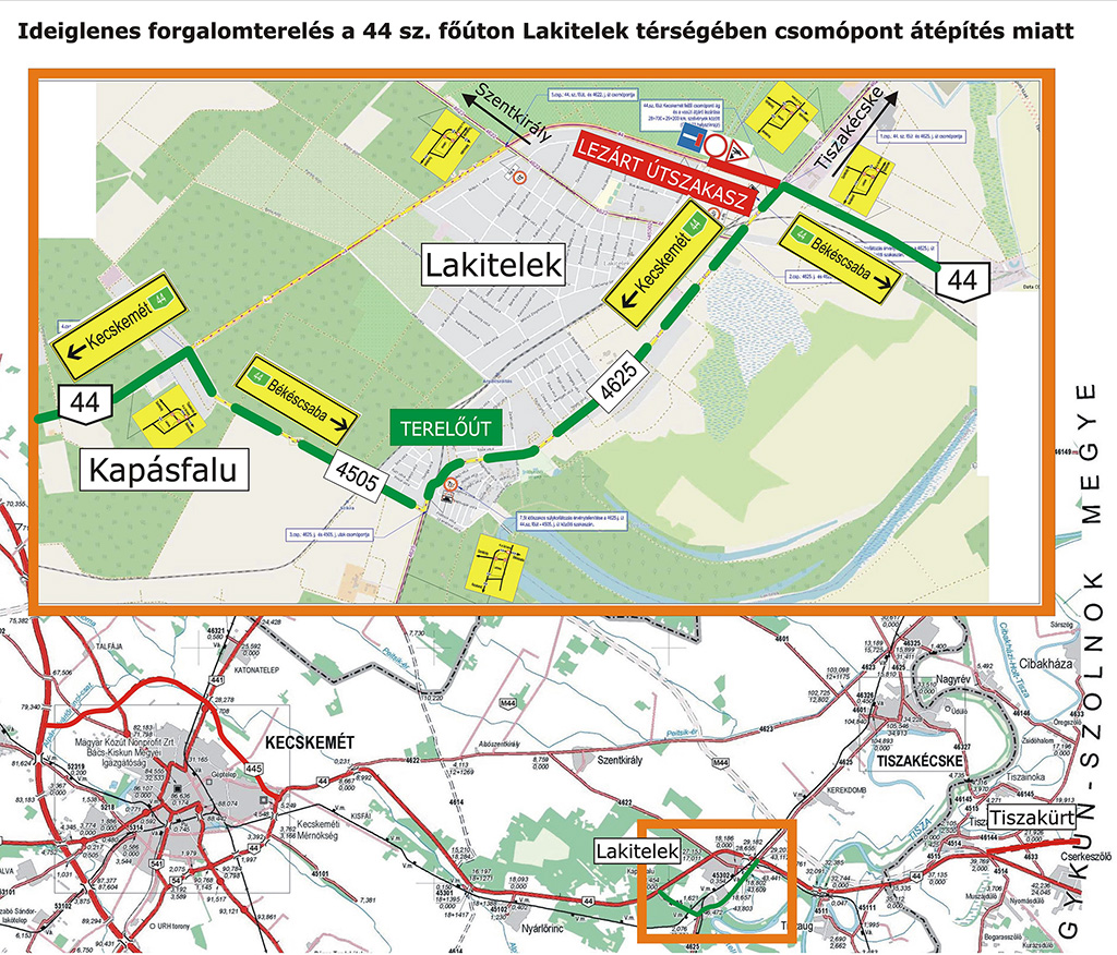 2020. szeptember 1-től ideiglenes forgalomterelés a 44 sz. főúton Lakiteleknél