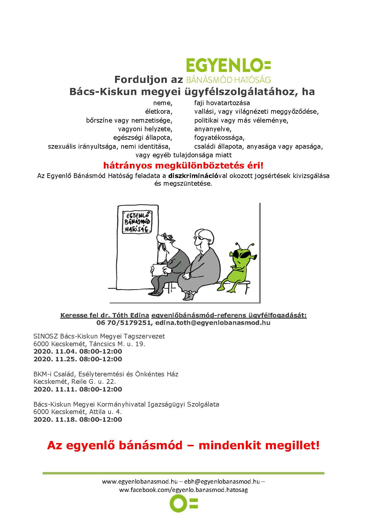 Egyenlő Bánásmód Hatóság ügyfélfogadási időpontjai - november