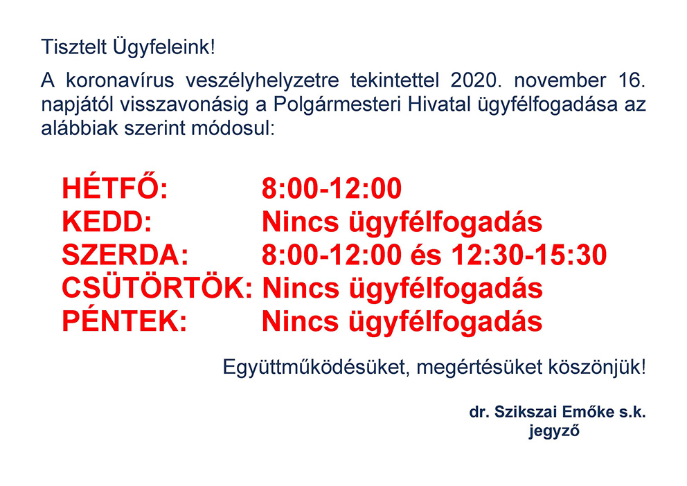 Ügyfélfogadási idő a hivatalban a koronavírus járvány alatt