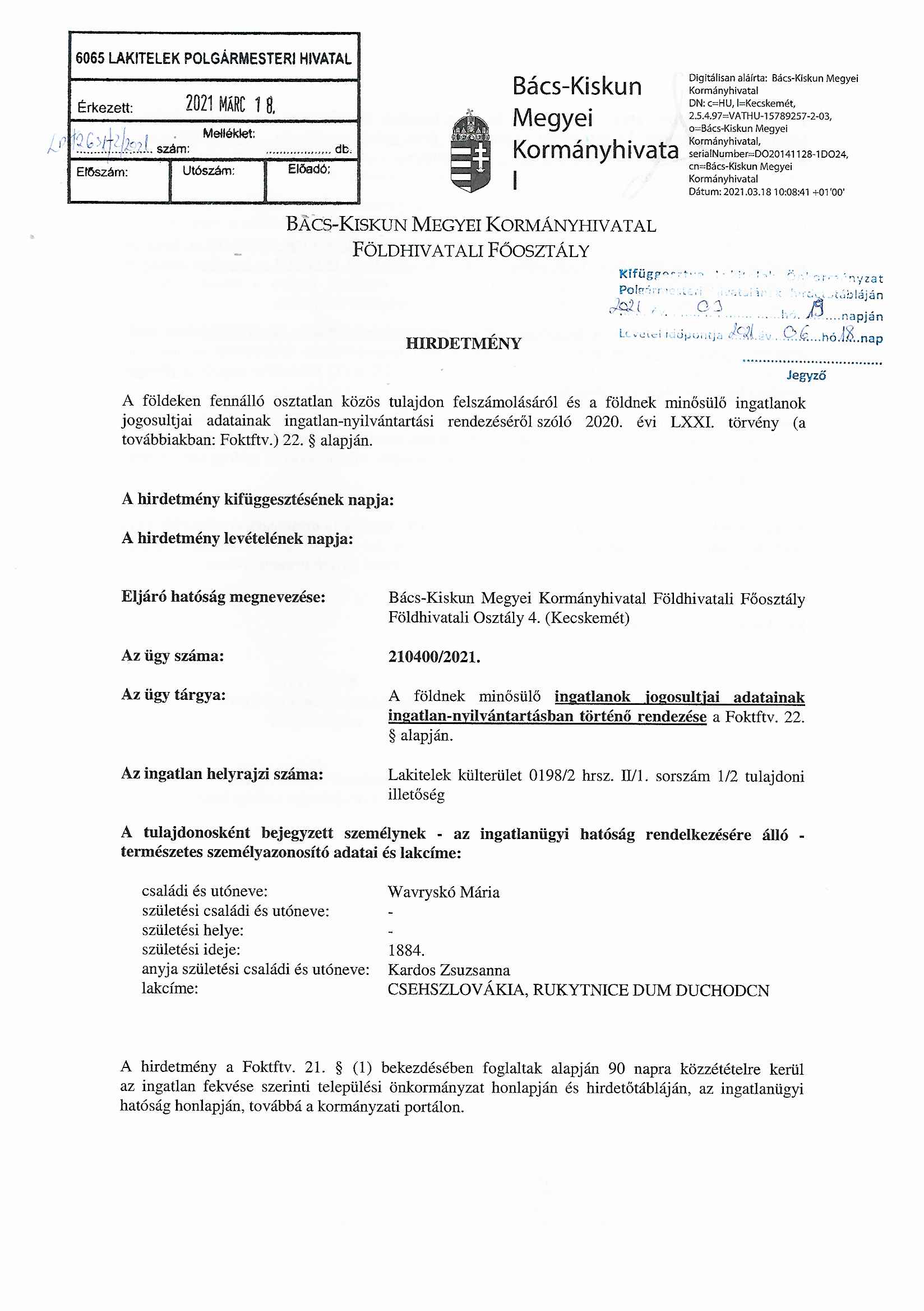 Hirdetmény - 2021.03.19.