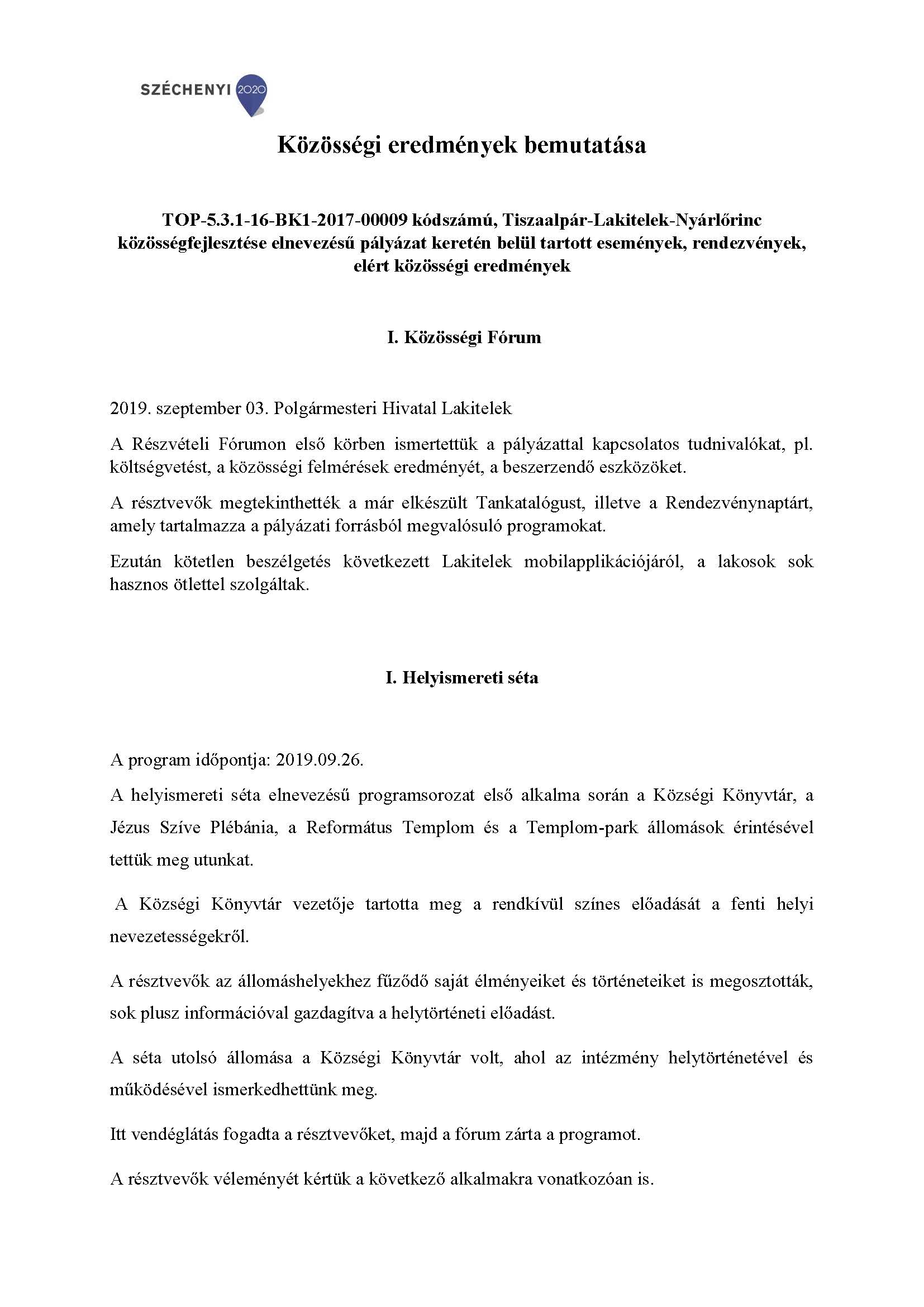 Közösségi eredmények bemutatása