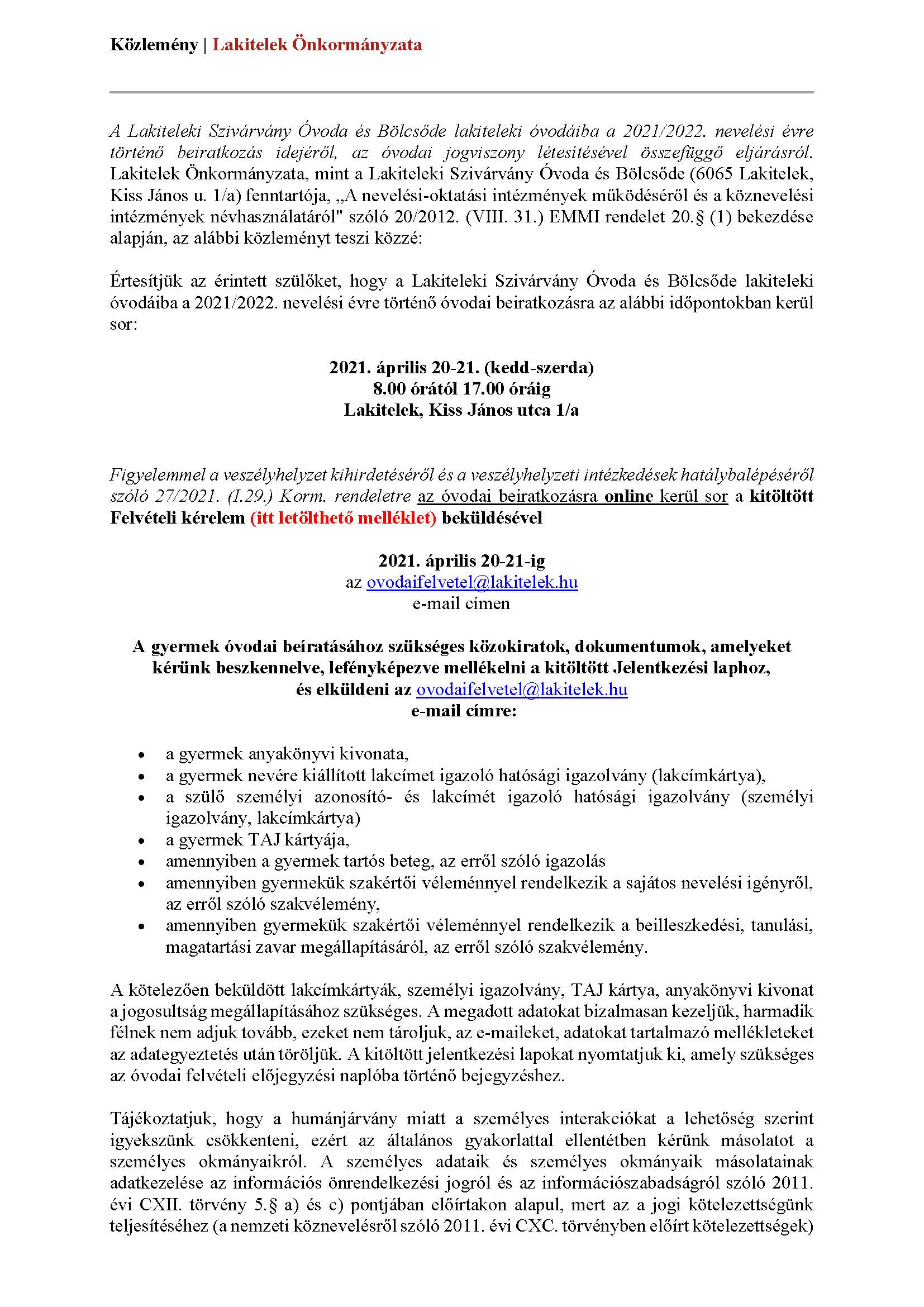 Tájékoztató az óvodai beiratkozáshoz - 2021