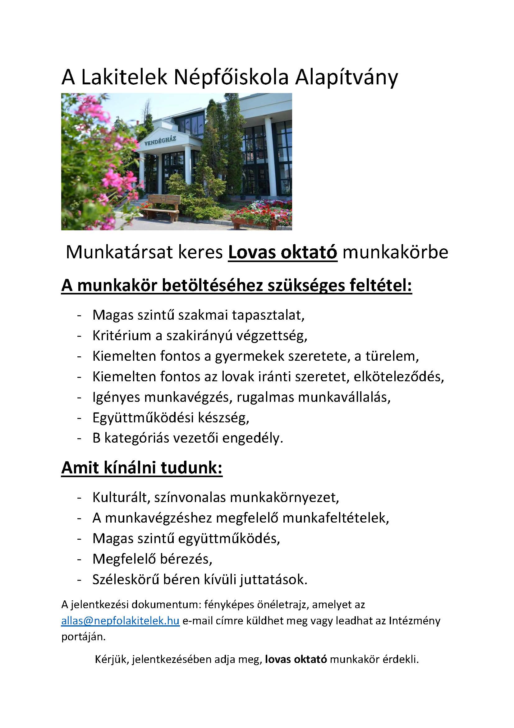 A Népfőiskola Alapítvány munkatársat keres lovas oktató pozícióba