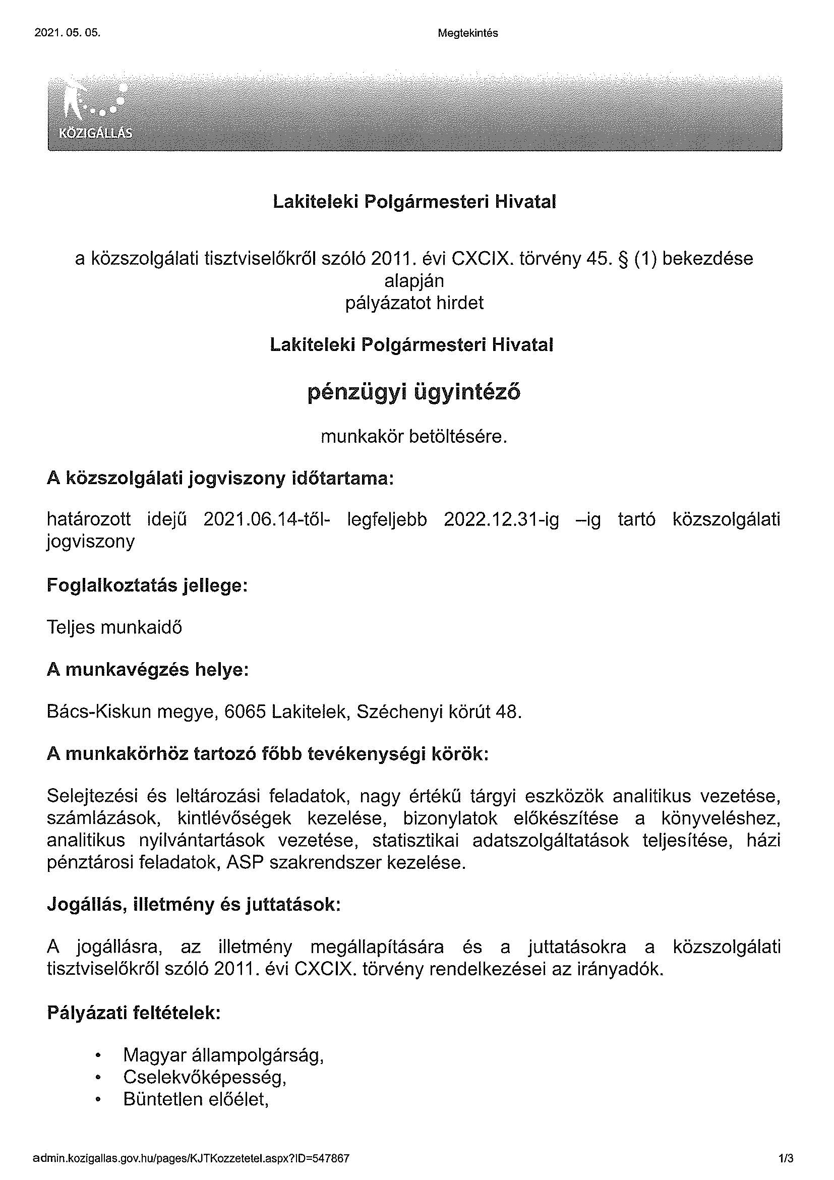 Pályázati felhívás pénzügyi ügyintéző munkakör betöltésére