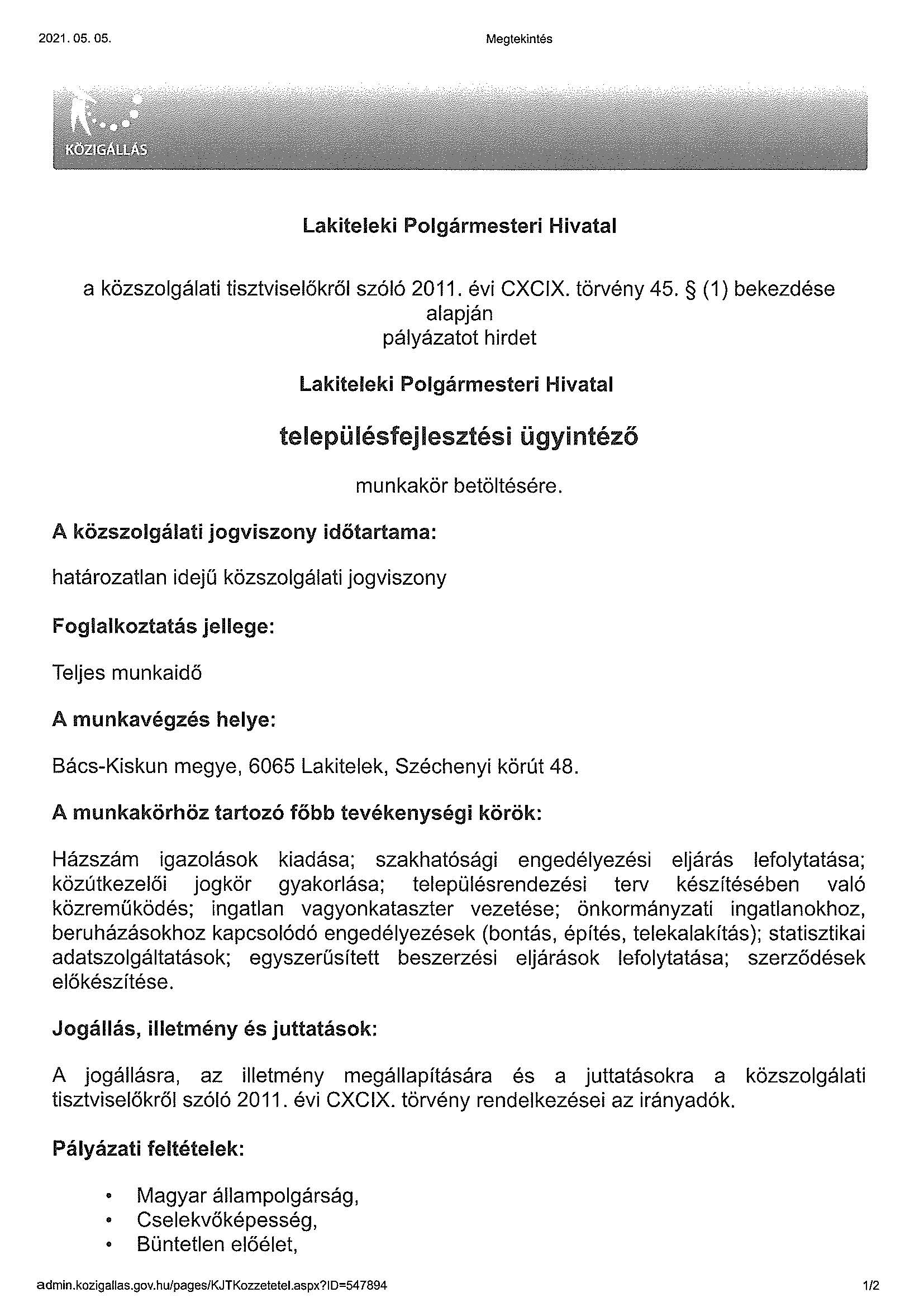 Pályázati felhívás településfejlesztési ügyintéző munkakör betöltésére