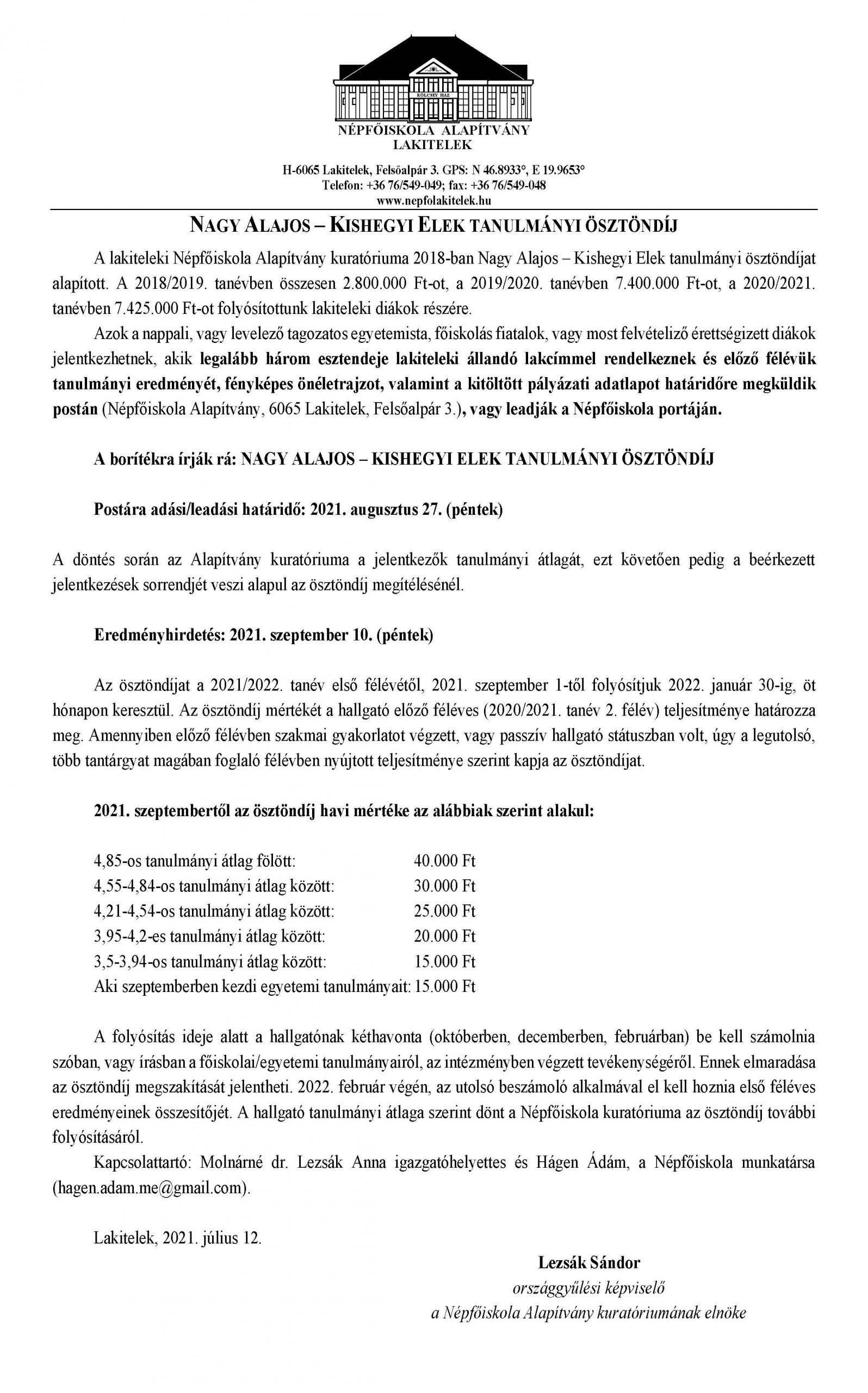Nagy Alajos - Kishegyi Elek Tanulmányi Ösztöndíj