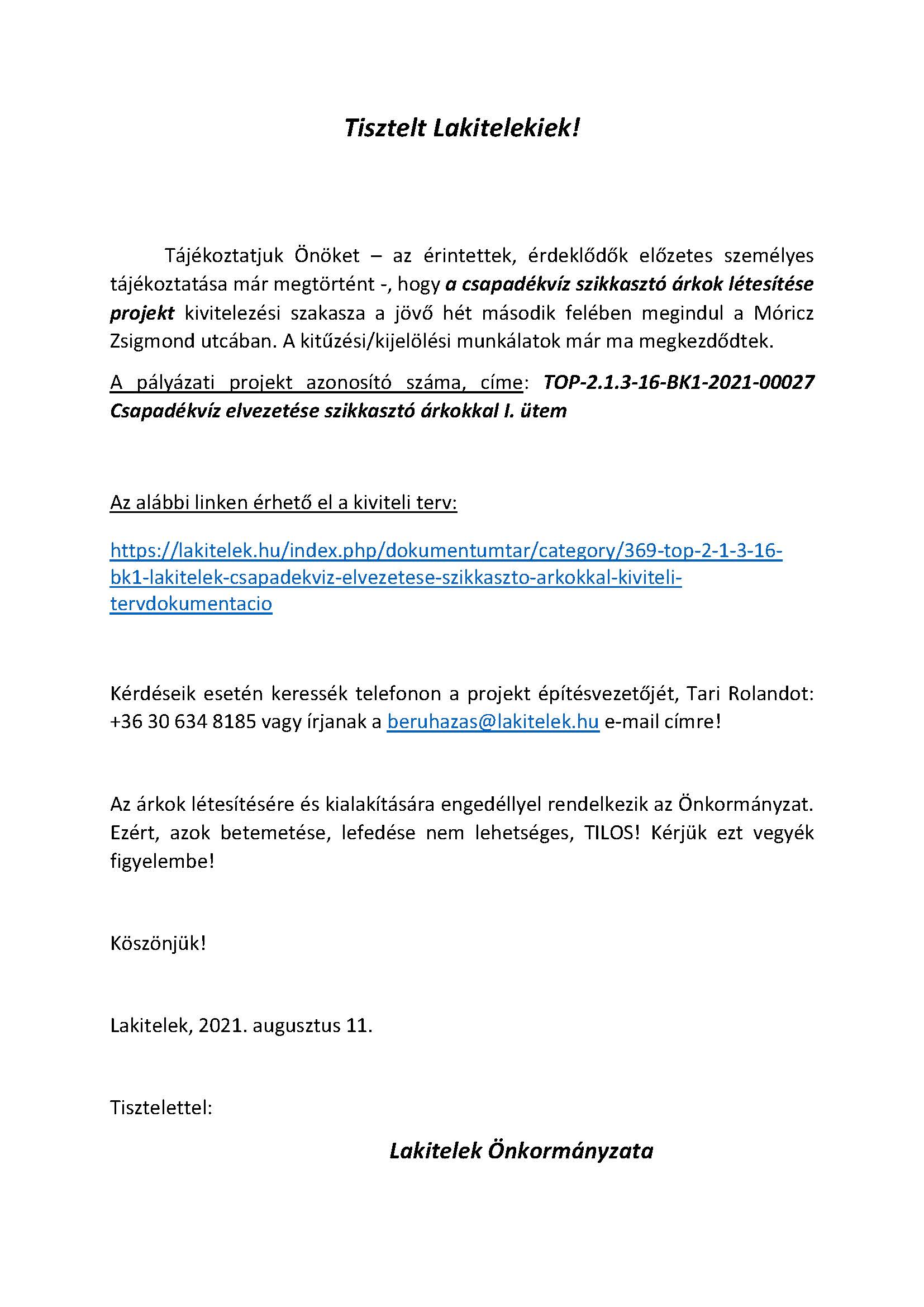 Csapadékvíz szikkasztó árkok létesítése - tájékoztató