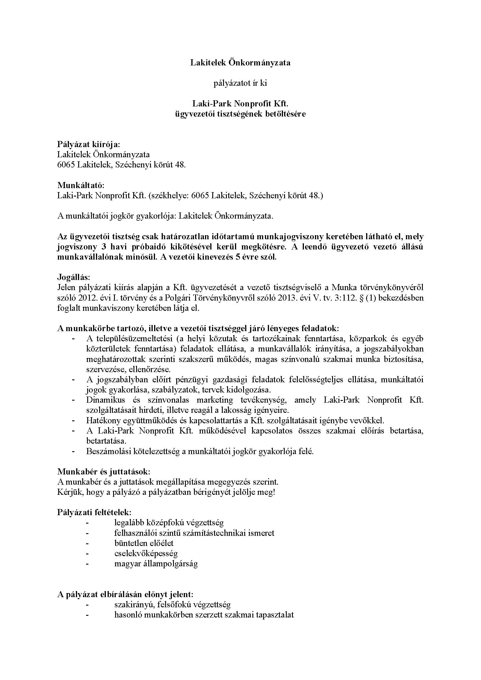 Lakitelek Önkormányzata pályázatot ír ki Laki-Park Nonprofit Kft. ügyvezetői tisztségének betöltésére