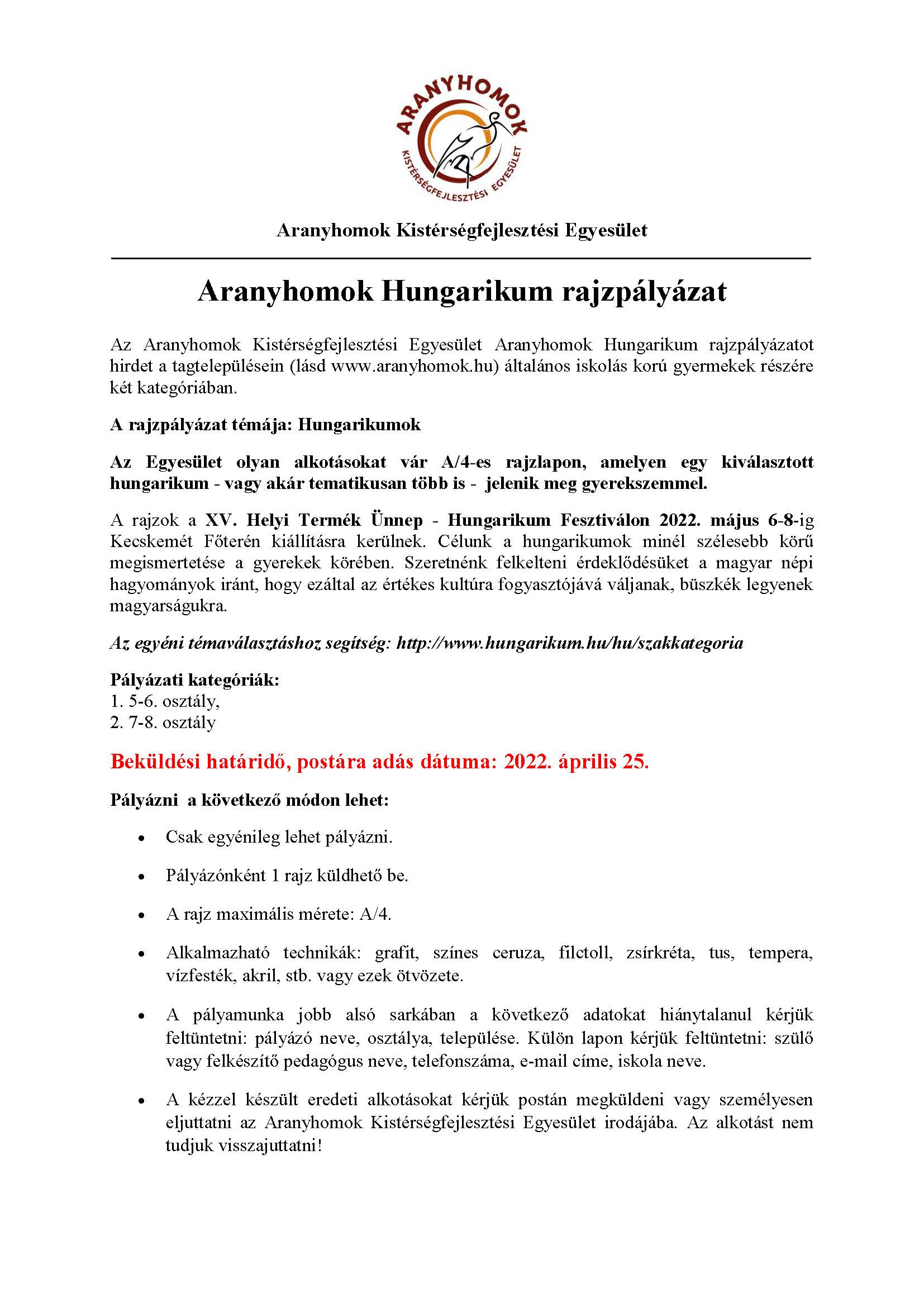 Aranyhomok Hungarikum rajzpályázat felhívás