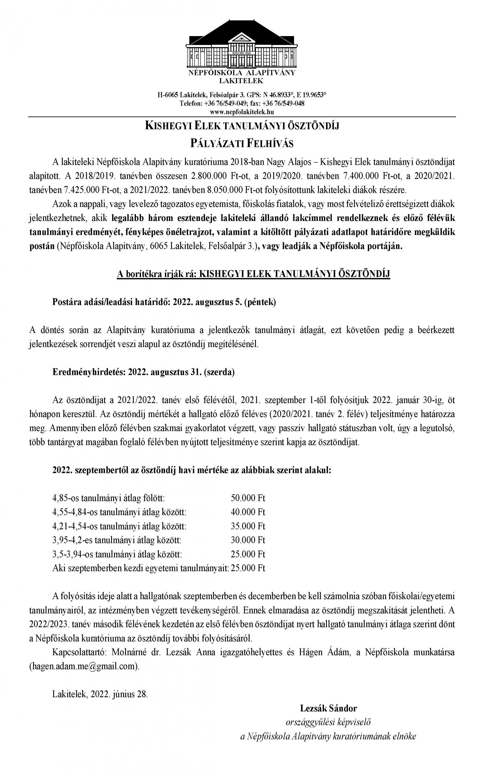 Kishegyi Elek Tanulmányi Ösztöndíj Felhívás