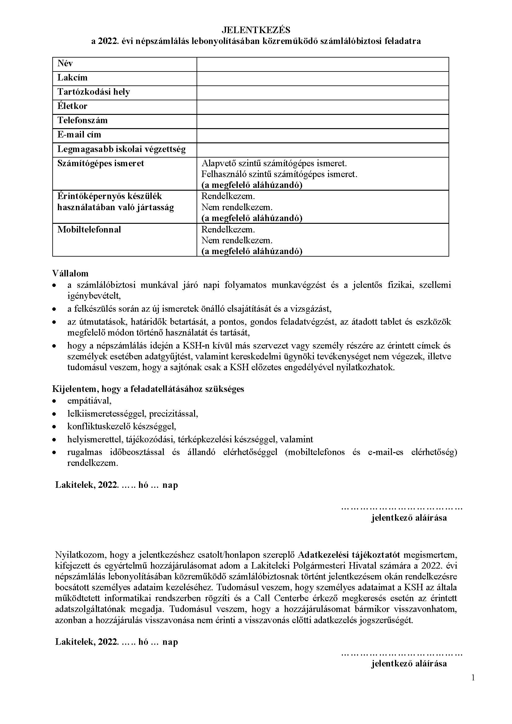 Nepszamlalas jelentkezesi lap szamlalobiztosnak adatkezelessel 2022