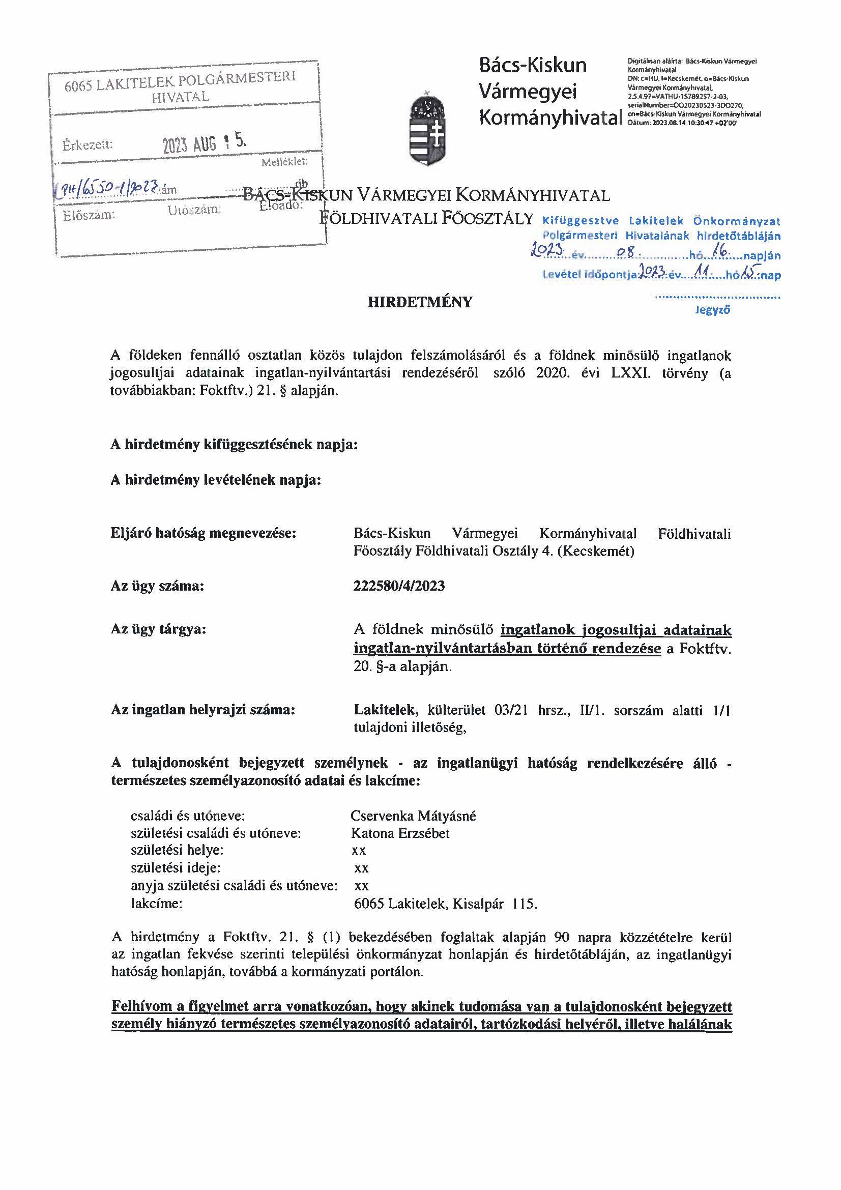 hirdetmény Lakitelek kületrület 03 21 hrsz
