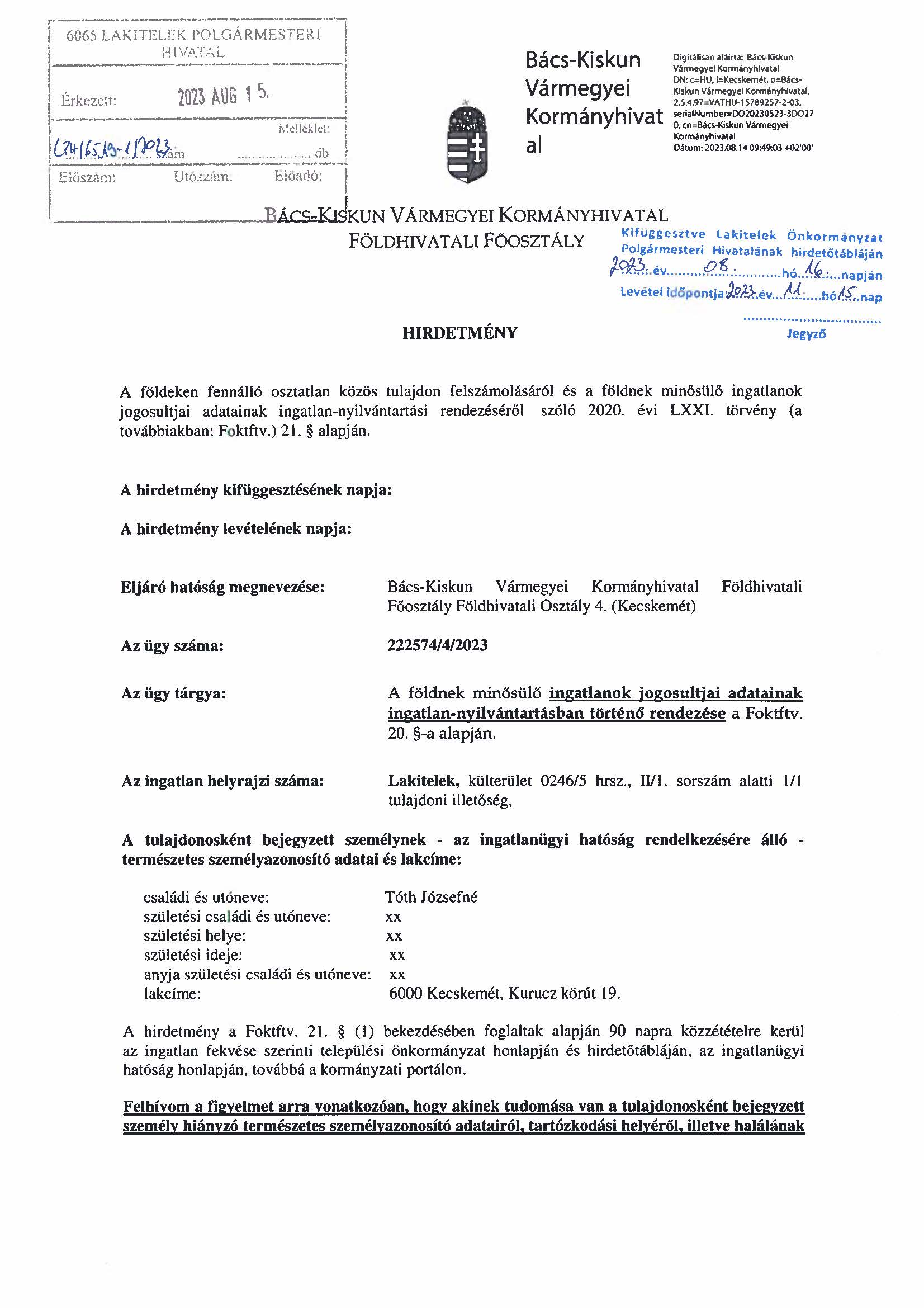 hirdetmény Lakitelek külterület 0246 5 hrsz