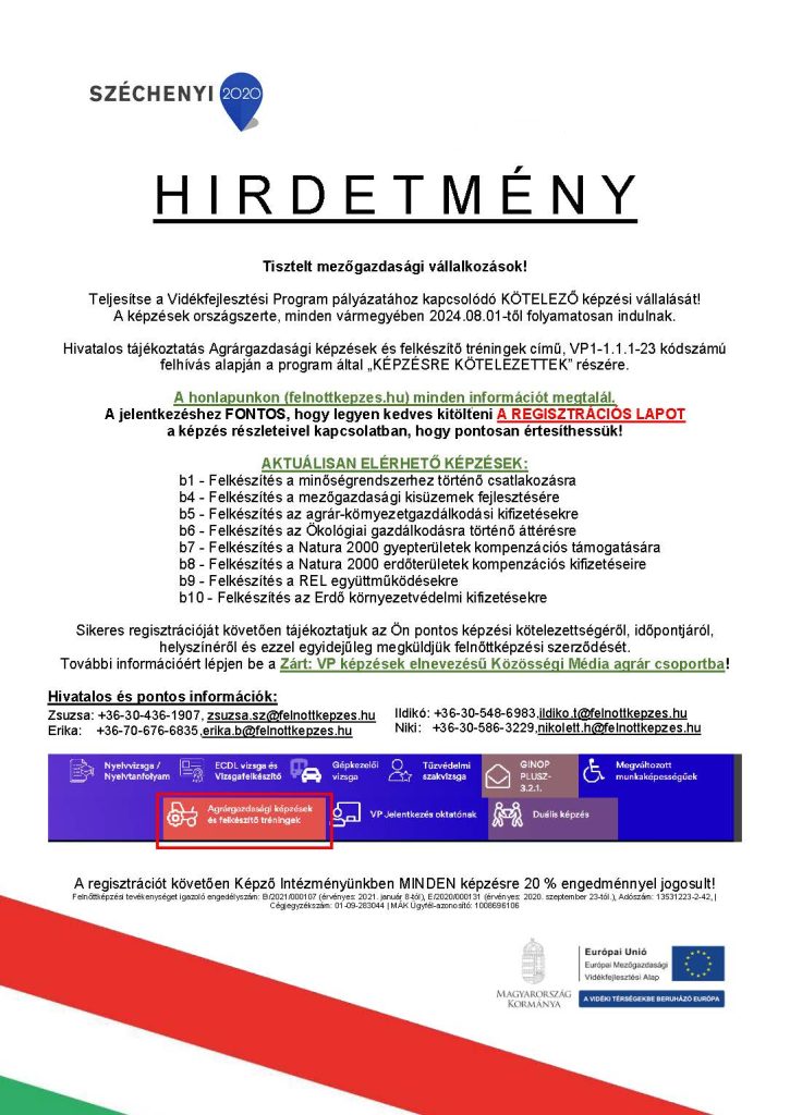 Hirdetmény mezőgazdasági vállalkozásoknak