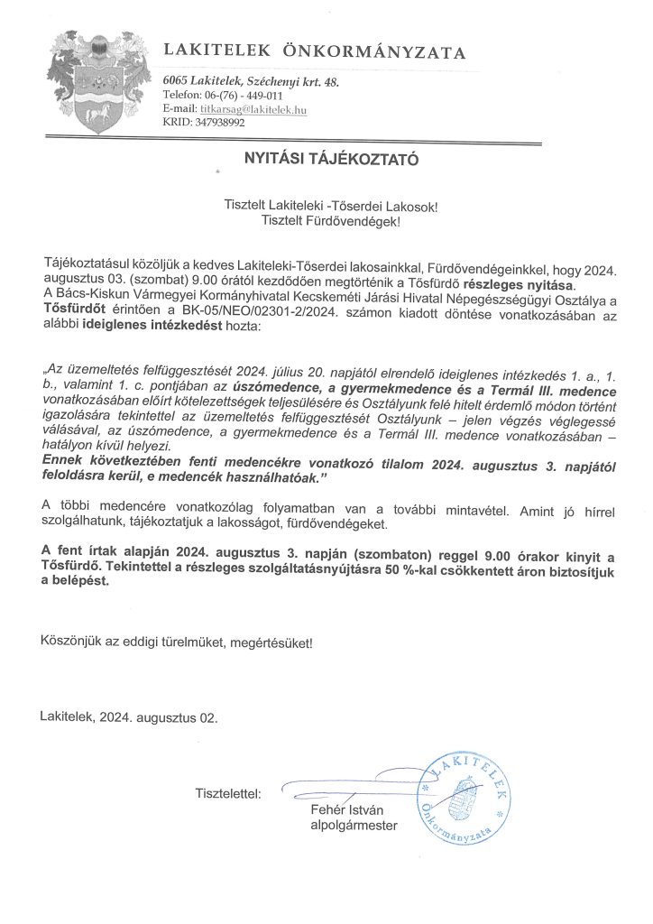 TŐSFÜRDŐ TÁJÉKOZTATÓ 20240802