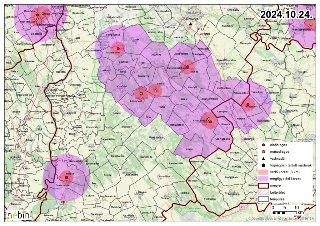 Madárinfluenza miatt elrendelt felügyeleti- és védőkörzet – 2024.10.24.
