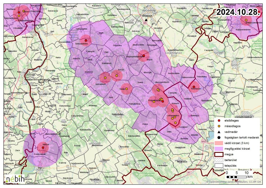 Madárinfluenza miatt elrendelt felügyeleti- és védőkörzet – 2024.10.29.