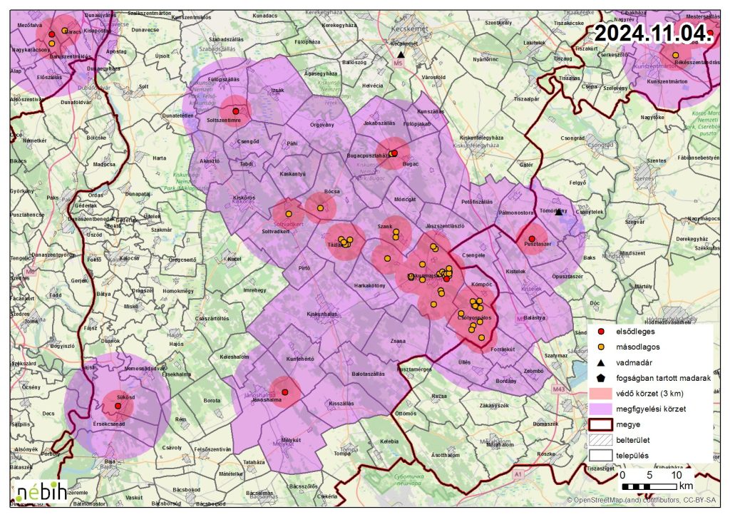 Madárinfluenza miatt elrendelt felügyeleti- és védőkörzet – 2024.11.05.