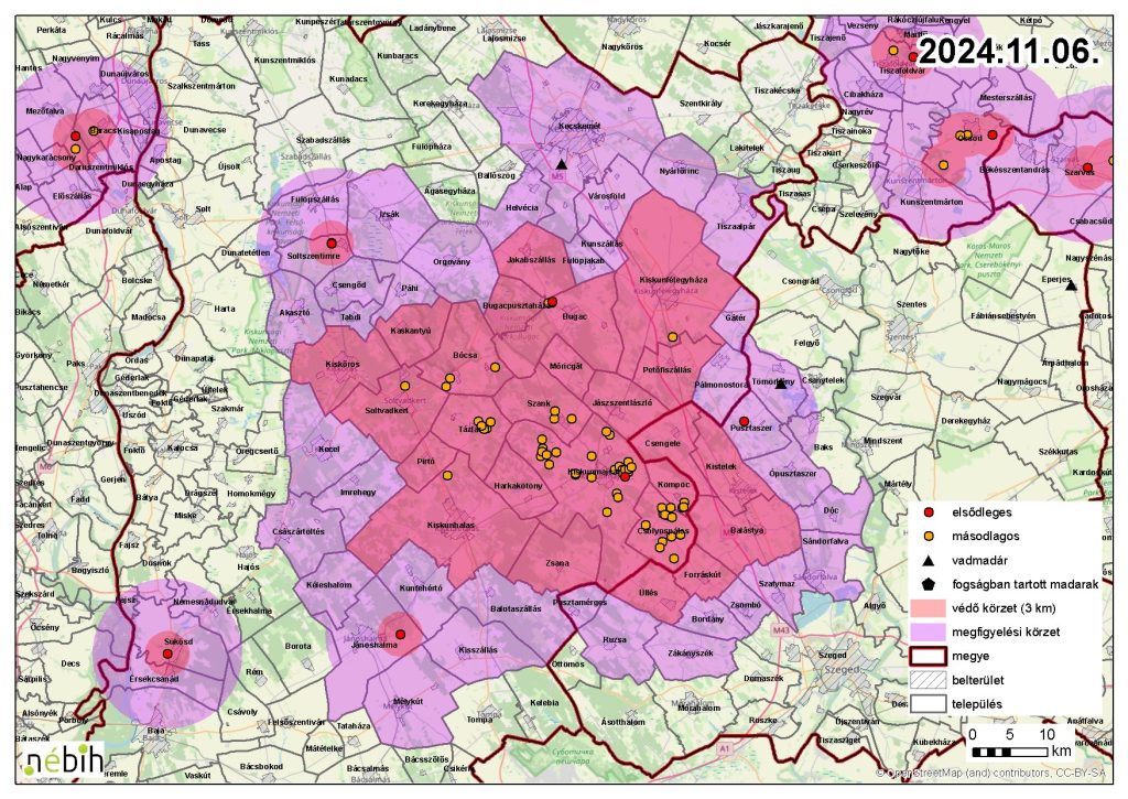 Madárinfluenza miatt elrendelt felügyeleti – és védőkörzet – 2024.11.07.