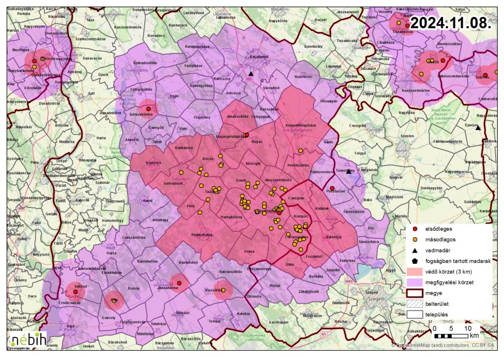 Madárinfluenza miatt elrendelt megfigyelési- és védőkörzet – 2024.11.08.