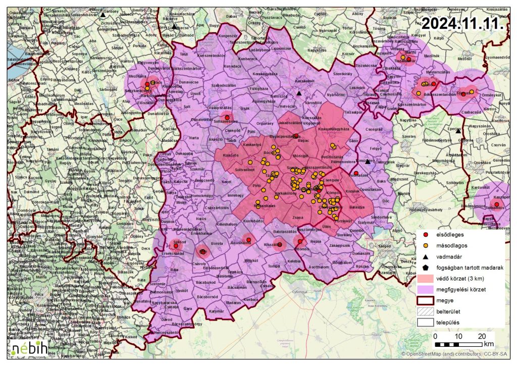 Madárinfluenza miatt elrendelt felügyeleti- és védőkörzet – 2024.11.12.