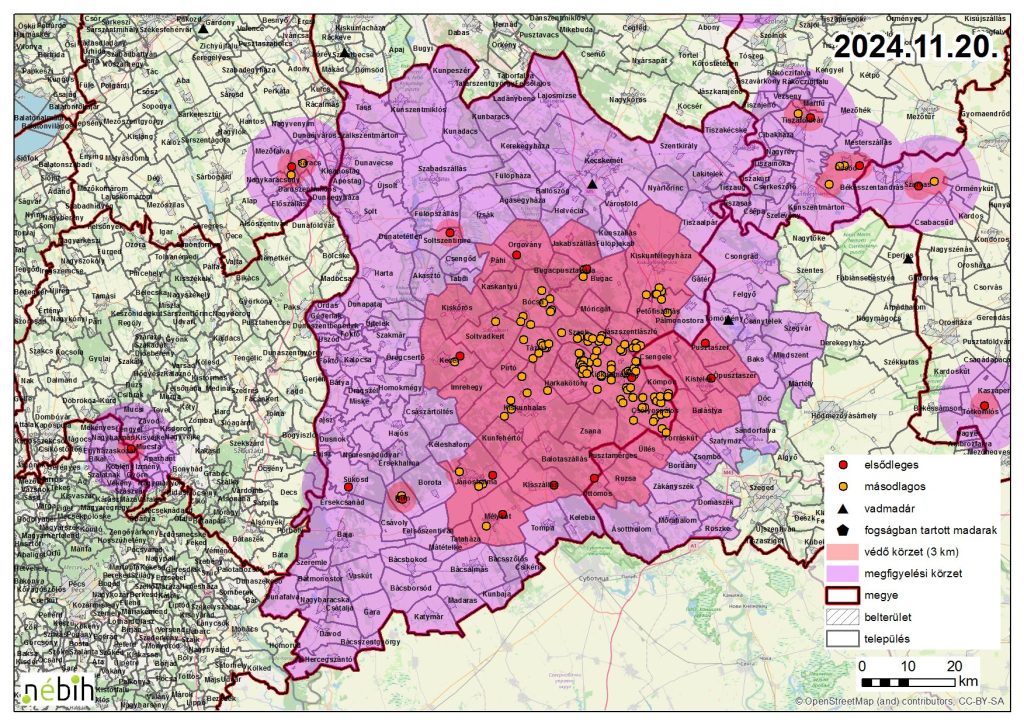 Madárinfluenza miatt elrendelt felügyeleti – és védőkörzet – 2024.11.21.