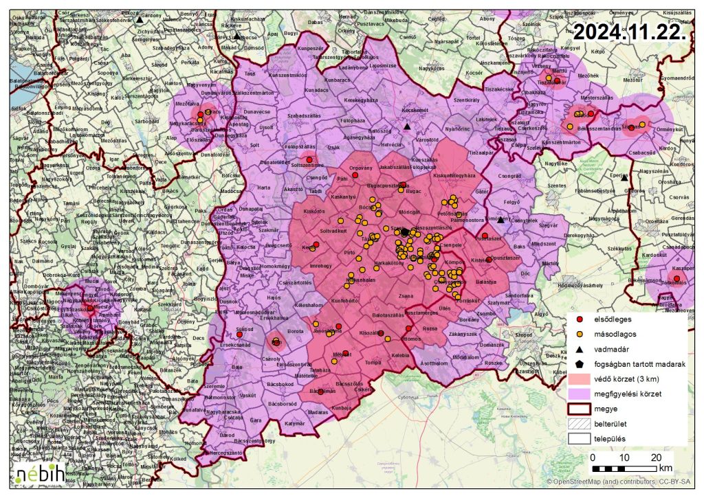 Madárinfluenza miatt elrendelt felügyeleti- és védőkörzet – 2024.11.25.