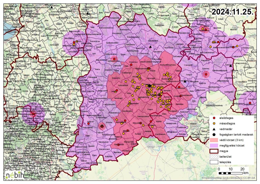 Madárinfluenza miatt elrendelt felügyeleti- és védőkörzet – 2024.11.25.