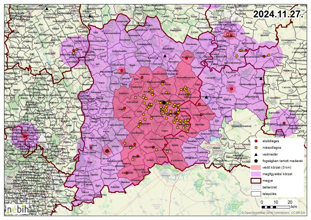 Madárinfluenza miatt elrendelt felügyeleti – és védőkörzet – 2024.11.27.