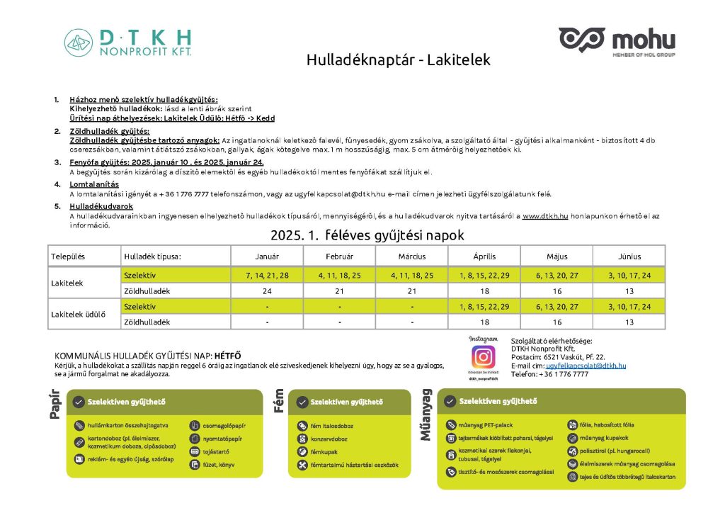 Hulladéknaptár – Lakitelek – 2025. első félév