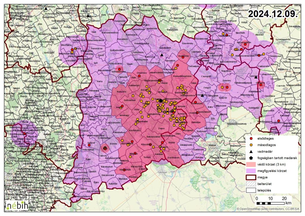 Madárinfluenza miatt elrendelt felügyeleti- és védőkörzet – 2024.12.10.