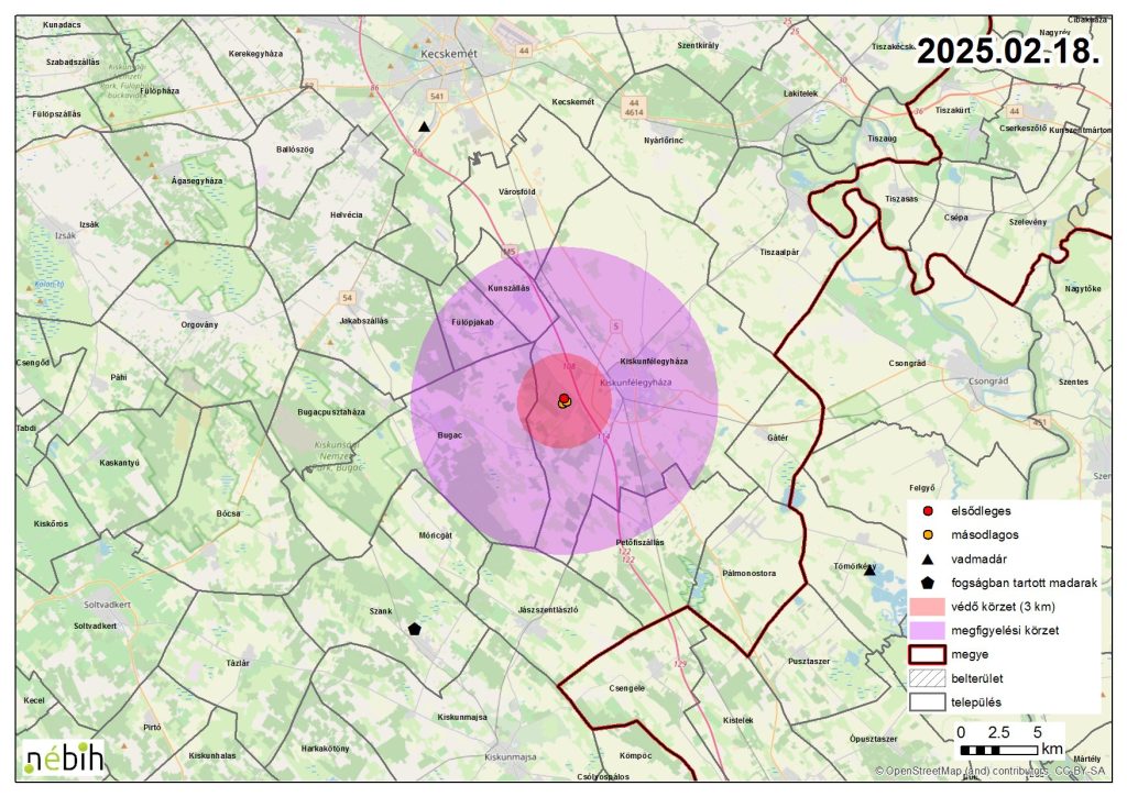 Madárinfluenza miatt elrendelt felügyeleti – és védőkörzet – 2025.02.18.