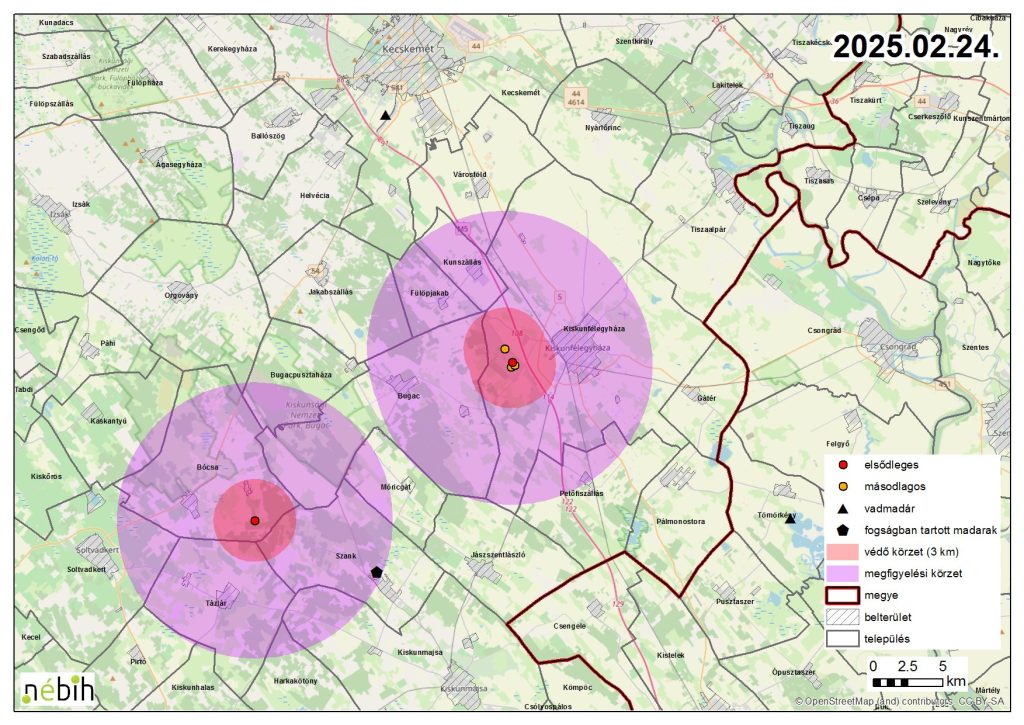 Madáinfluenza miatt elrendelt felügyeleti- és védőkörzet – 2025.02.24.