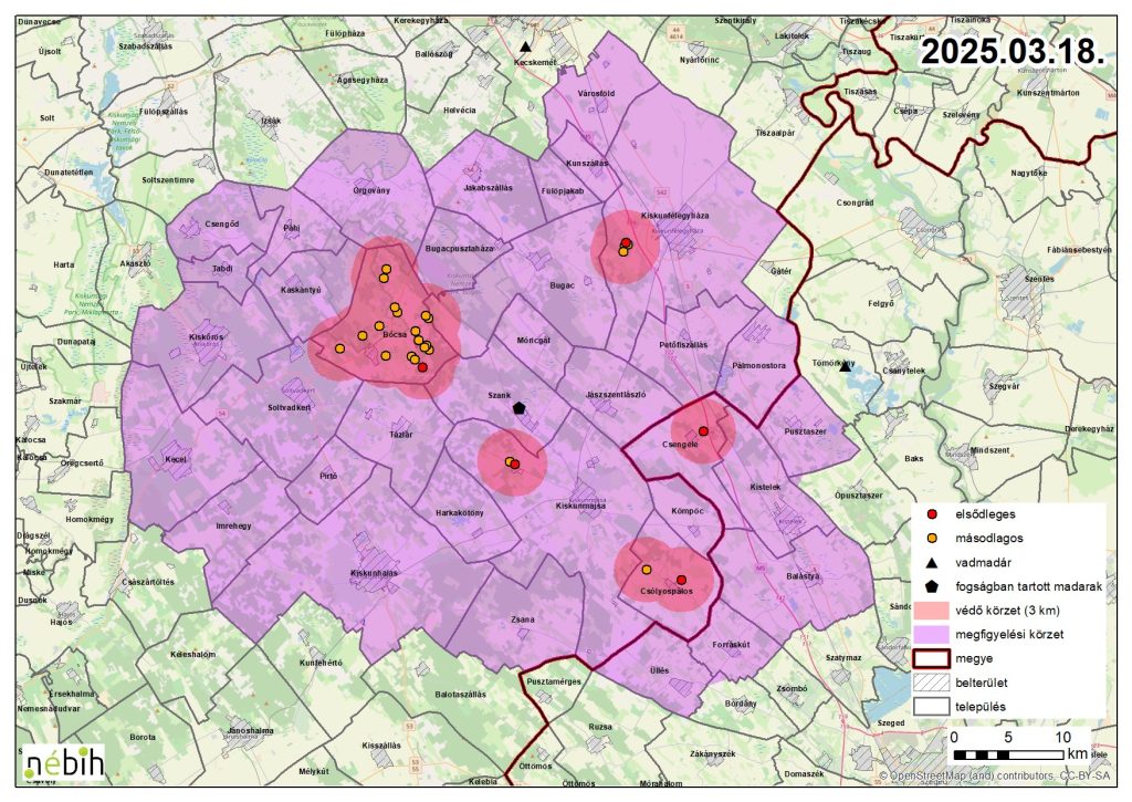Madárinfluenza miatt elrendelt felügyeleti- és védőkörzet – 2025.03.19.