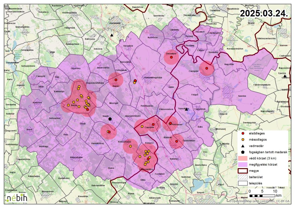 Madárinfluenza miatt elrendelt felügyeleti – és védőkörzet – 2025.03.26