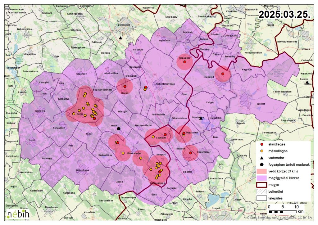 Madárinfluenza miatt elrendelt felügyeleti – és védőkörzet – 2025.03.25.
