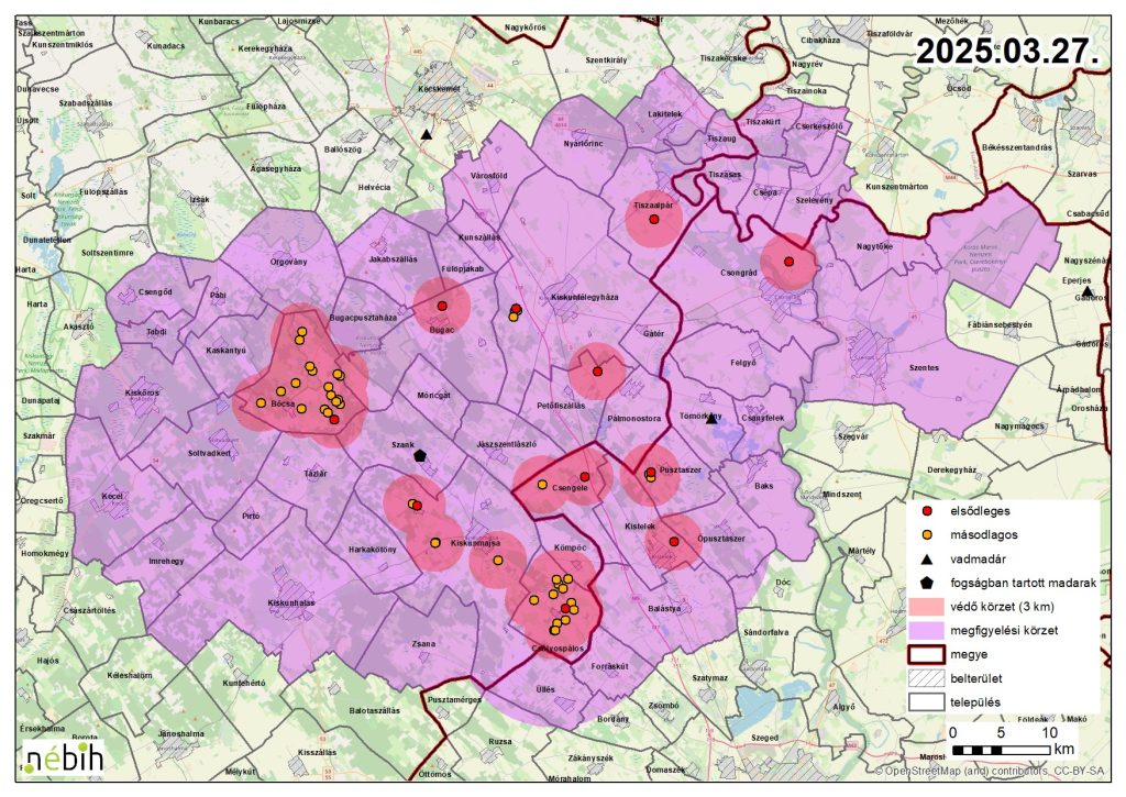 Madárinfluenza miatt elrendelt felügyeleti – és védőkörzet – 2025.03.27.