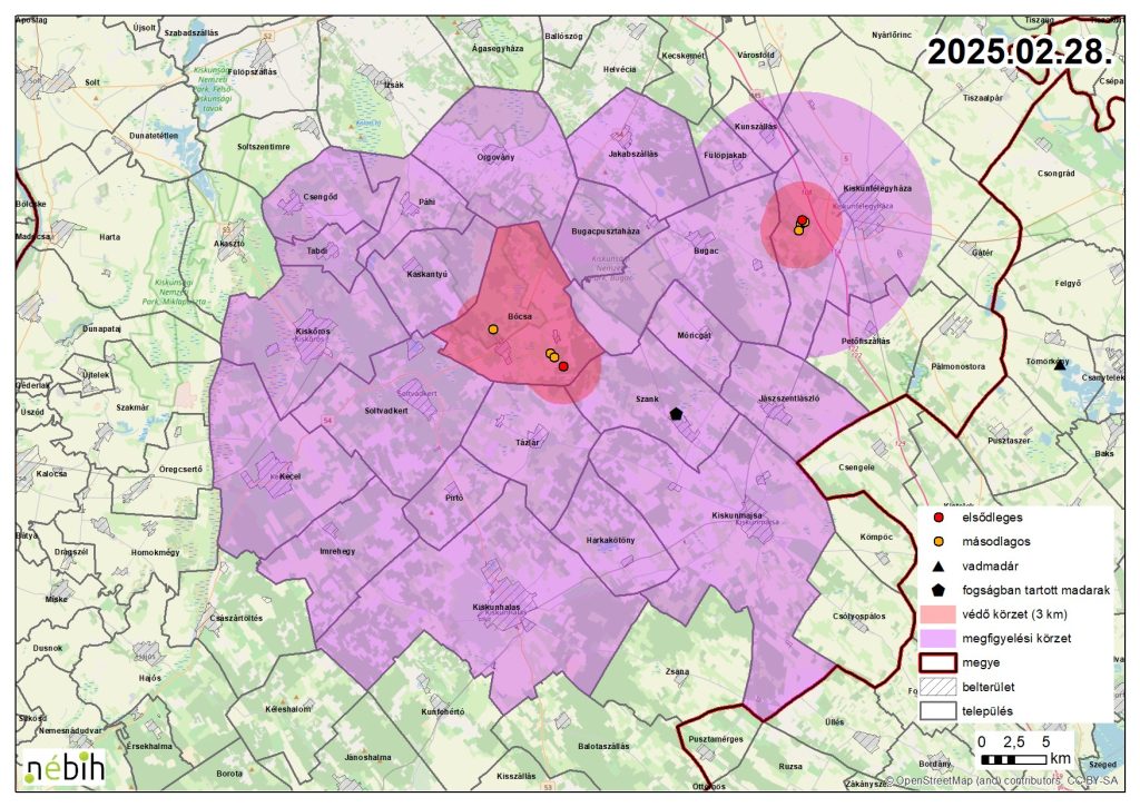 Madárinfluenza miatt elrendelt felügyeleti – és védőkörzet – 2025.03.01.
