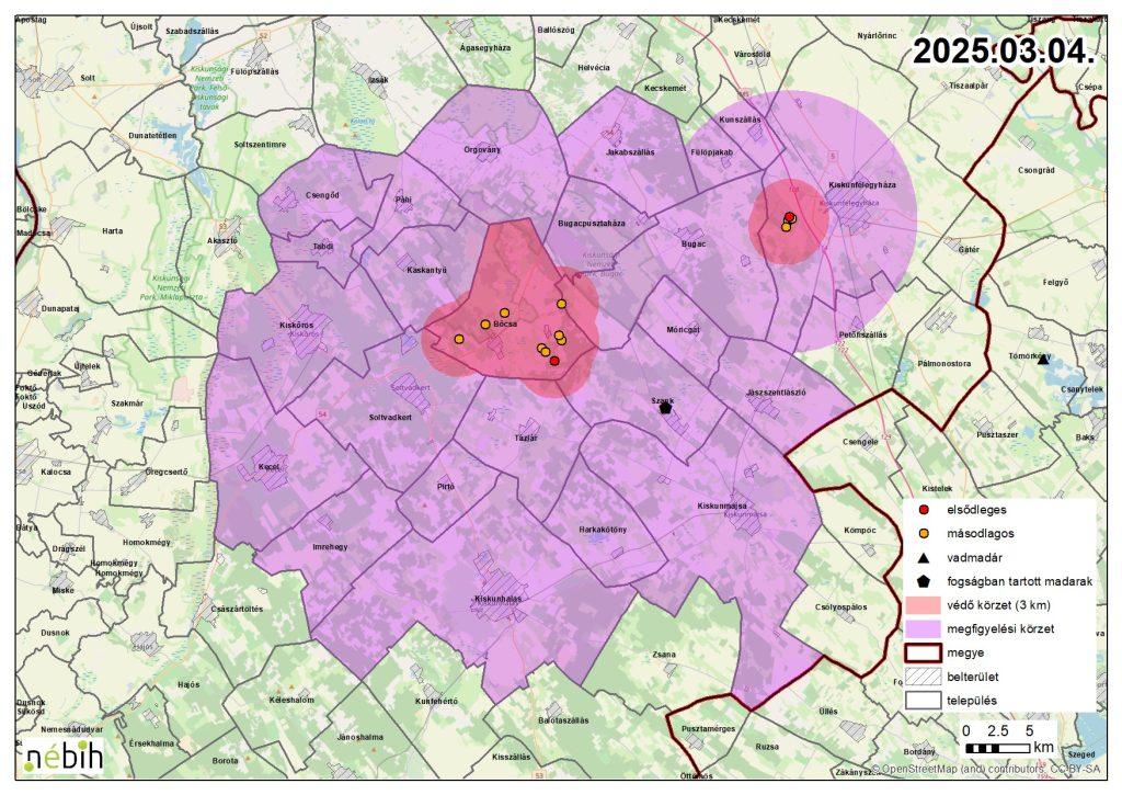 Madárinfluenza miatt elrendelt felügyeleti – és védőkörzet – 2025.03.04.